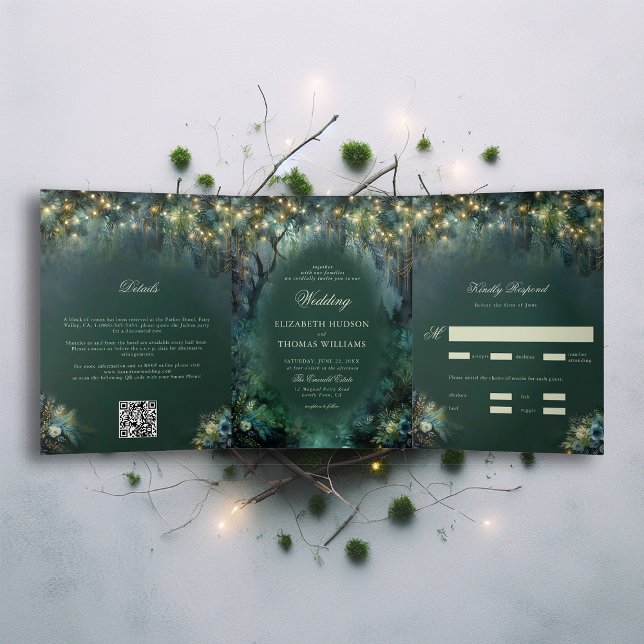 Invitación Tríptica Boda de Cuento de Hadas del Bosque Encantado (enchanted forest woodland wedding invitation emerald hunter green gold all in one tri fold romantic)