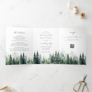 Invitación Tríptica Boda de destino de bosque de pino acuarela