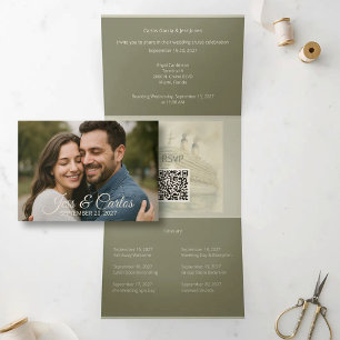 Invitación Tríptica Boda de destino de crucero de lujo con código QR d