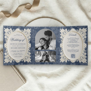 Invitación Tríptica Boda de encaje de encaje de marfil azul de dinero 