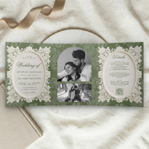 Invitación Tríptica Boda de encaje de encaje verde oliva antiguo diner