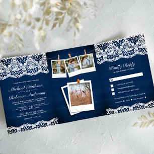 Invitación Tríptica Boda de encaje de madera azul marino campestre con