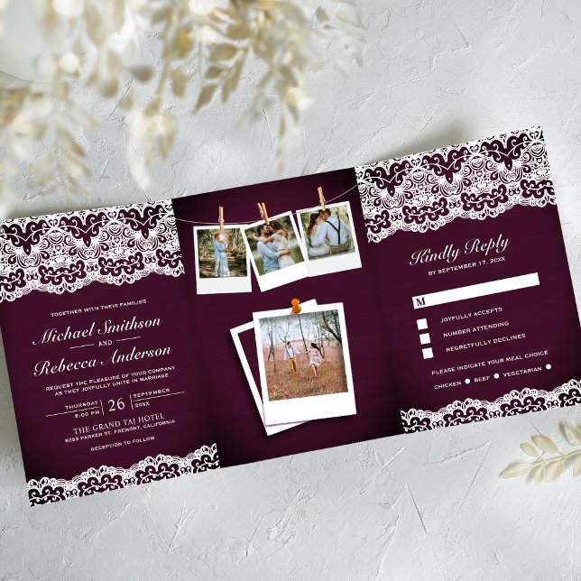 Invitación Tríptica Boda de encaje de madera de ciruela en estilo camp (Subido por el creador)