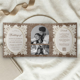 Invitación Tríptica Boda de encaje en doily marfil marrón de dinero an