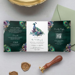 Invitación Tríptica Boda de Esmeralda del código QR de la pluma floral