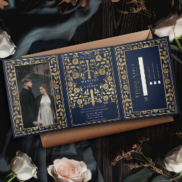 Invitación Tríptica Boda de espadas medievales azul