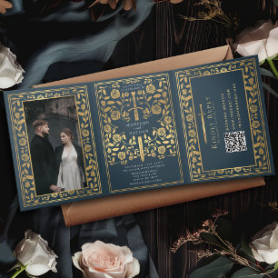 Invitación Tríptica Boda de espadas medievales Gris Royal QR Código