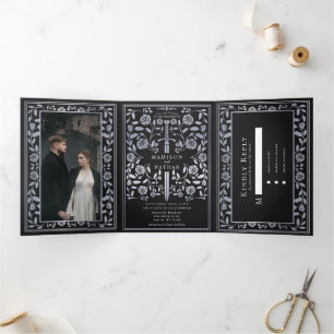 Invitación Tríptica Boda de espadas plateadas Royal Medieval Black