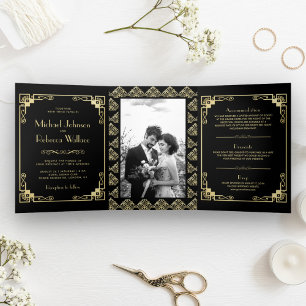 Invitación Tríptica Boda de estilo art déco vintage en negro y dorado