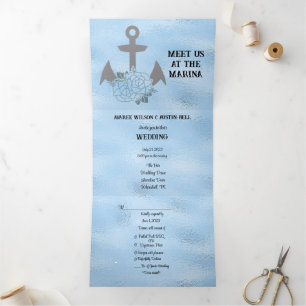 Invitación Tríptica Boda de estilo marina azul cristalino  