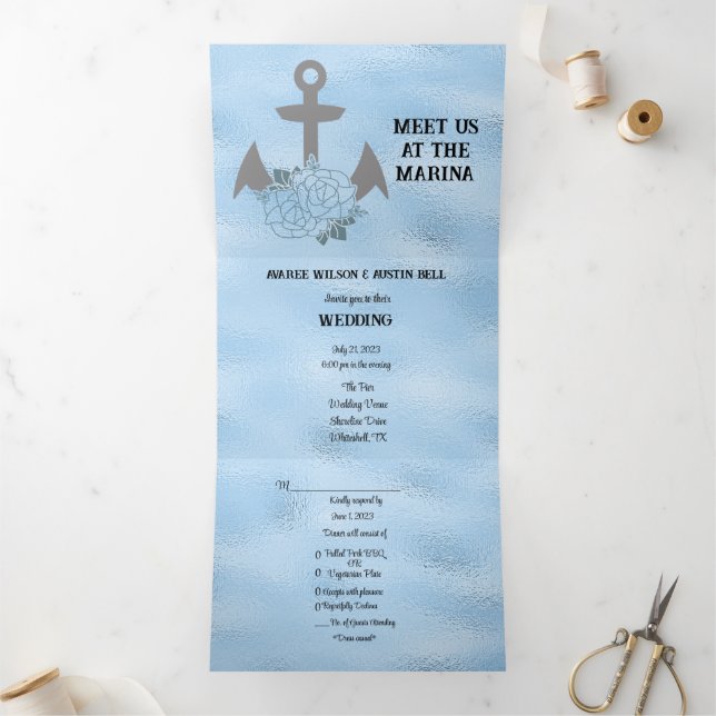 Invitación Tríptica Boda de estilo marina azul cristalino   (Interior)