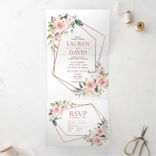 Invitación Tríptica Boda de Eucalipto Floral Rosa de Cobre