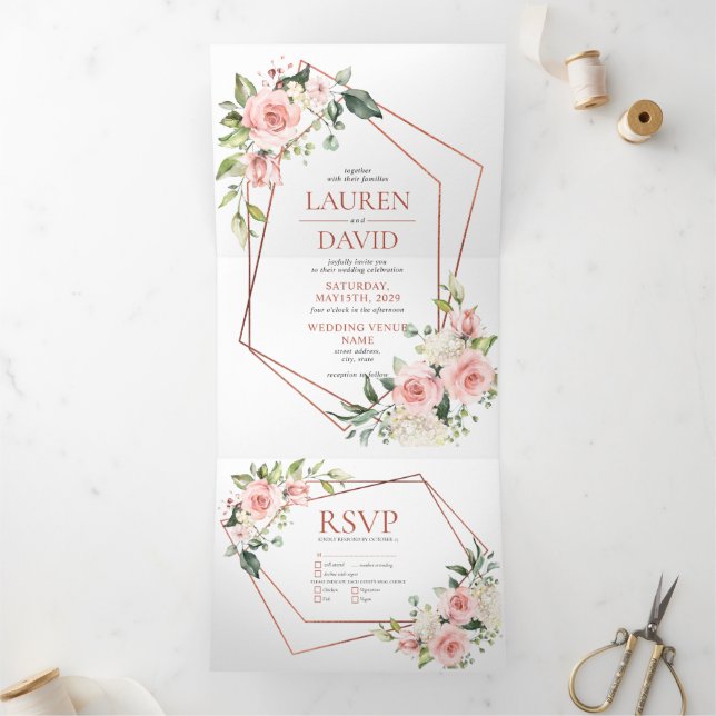 Invitación Tríptica Boda de Eucalipto Floral Rosa de Cobre (Interior)