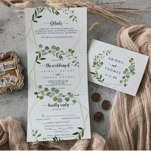 Invitación Tríptica Boda de Eucalipto verde de oro geométrico