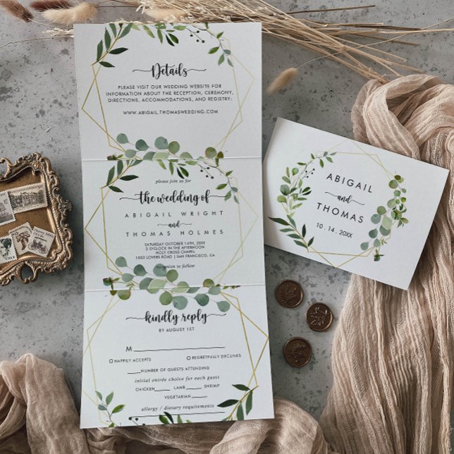 Invitación Tríptica Boda de Eucalipto verde de oro geométrico (Subido por el creador)