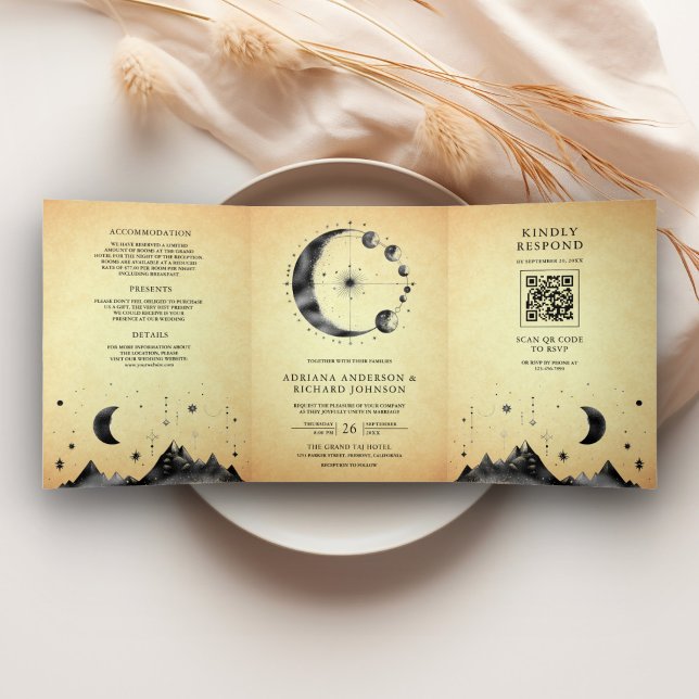Invitación Tríptica Boda de Fases de la Luna Crescente Celestial Vinta (Subido por el creador)