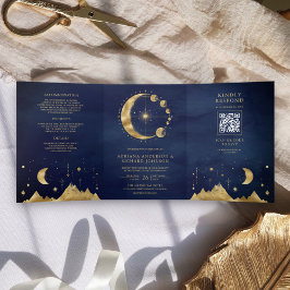 Invitación Tríptica Boda de fases de luna creciente dorada azul celest