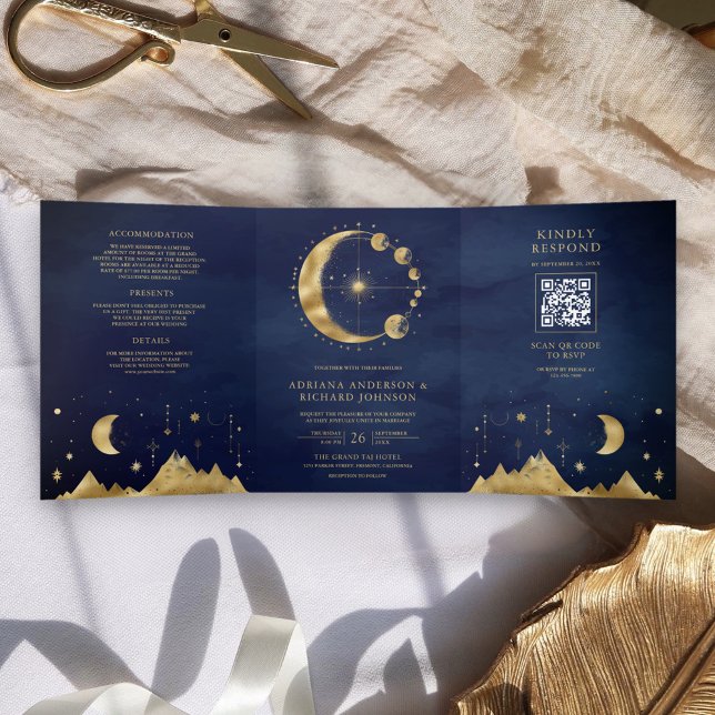 Invitación Tríptica Boda de fases de luna creciente dorada azul celest (Subido por el creador)
