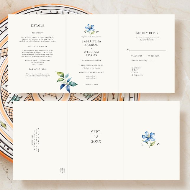 Invitación Tríptica Boda de flor azul acuarela (Subido por el creador)