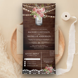 Invitación Tríptica Boda de Flor de Rosa Canela en Tarro de Mason de M