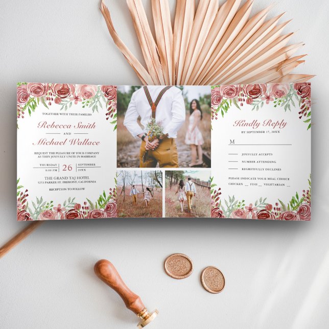 Invitación Tríptica Boda de Flor de Rosa de Canela Rústica Colaje de F (Subido por el creador)