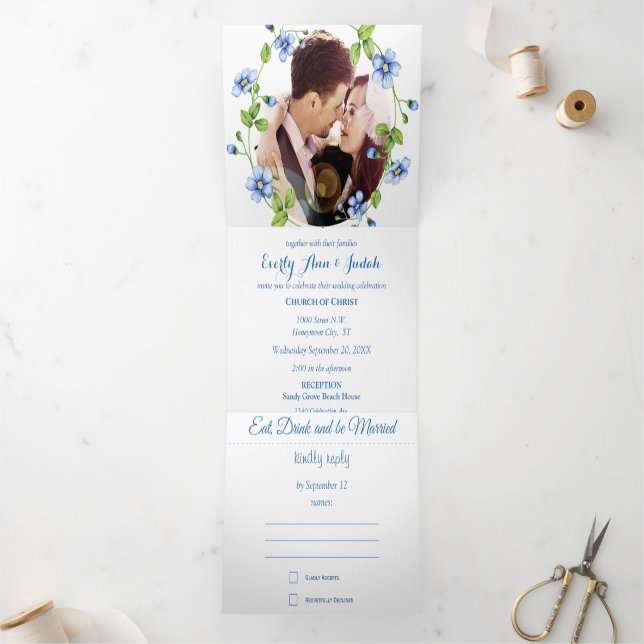 Invitación Tríptica Boda de flor floral floral floral azul (Interior)