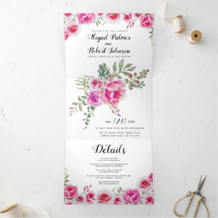 Invitación Tríptica Boda de flores acuáticas rosas de Fuchsia