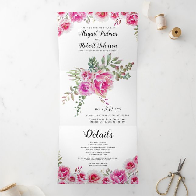 Invitación Tríptica Boda de flores acuáticas rosas de Fuchsia (Interior)