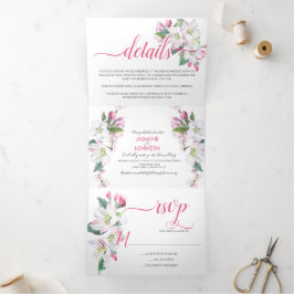 Invitación Tríptica Boda de flores de Apple rosa y blanco
