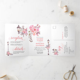 Invitación Tríptica Boda de flores de color rosa inspirado en París