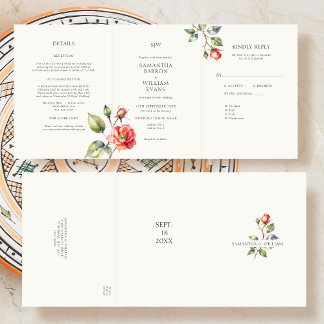 Invitación Tríptica Boda de flores Rosa de color de agua