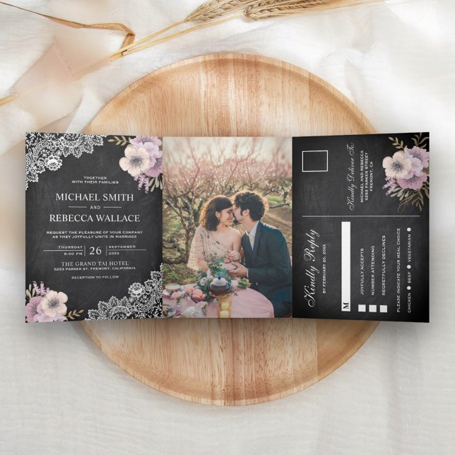 Invitación Tríptica Boda de flores rosadas rusas de encaje de cartón (Subido por el creador)