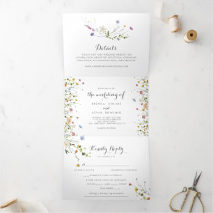 Invitación Tríptica Boda de Flores Silvestres de Dainty Colorful Tri-F
