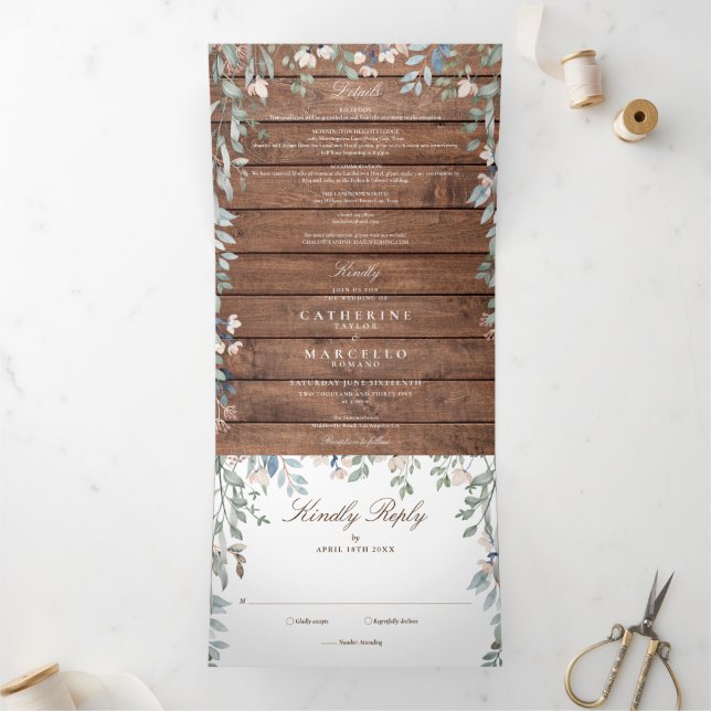 Invitación Tríptica Boda de flores silvestres de madera rústica (Interior)