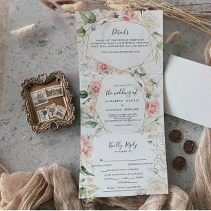 Invitación Tríptica Boda de follaje de oro geométrico