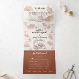 Invitación Tríptica Boda de follaje de Rustic Terracotta Ginkgo