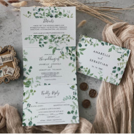 Invitación Tríptica Boda de follaje verde con guión de caligrafía