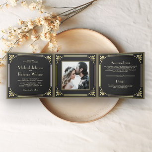 Invitación Tríptica Boda de Foto Art Déco con Floritura Vintage