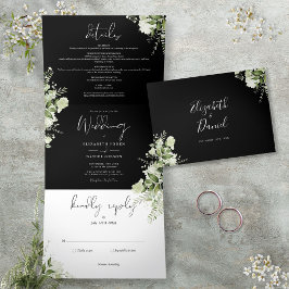 Invitación Tríptica Boda de foto botánica en blanco y negro