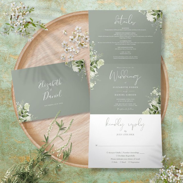 Invitación Tríptica Boda de foto botánica moderna de verde salvia (Sage Green Modern Botanical Greenery Photo Wedding Tri-Fold Invitation)