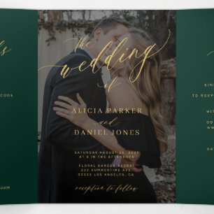 Invitación Tríptica Boda de foto con código QR RSVP de oro verde esmer