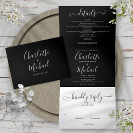 Invitación Tríptica Boda de foto con elegante letra en blanco y negro