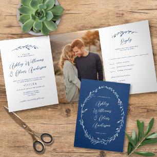 Invitación Tríptica Boda de foto de Boho Blue Wildflower de la Marina