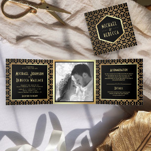 Invitación Tríptica Boda de Foto de estilo Art Déco Geométrico Vintage