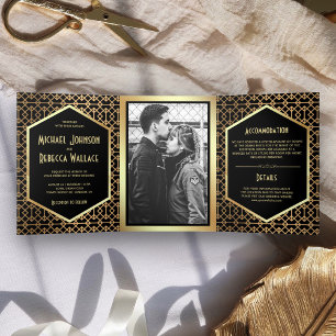 Invitación Tríptica Boda de Foto de estilo Art Déco Geométrico Vintage