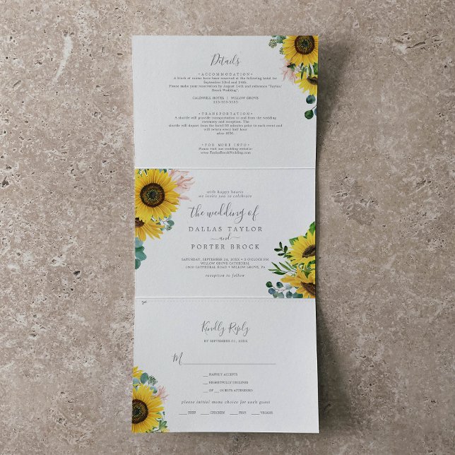 Invitación Tríptica Boda de foto de girasol ruso todo en uno (Subido por el creador)