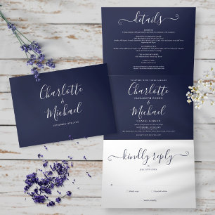 Invitación Tríptica Boda de foto de guión moderno azul marino minimali