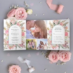 Invitación Tríptica Boda de Foto de Hierba de Pampas Floral Rosa Tímid