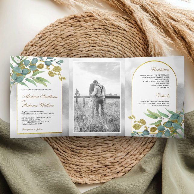 Invitación Tríptica Boda de Foto de Hojas de Eucalipto Rústico Arco Do (Subido por el creador)