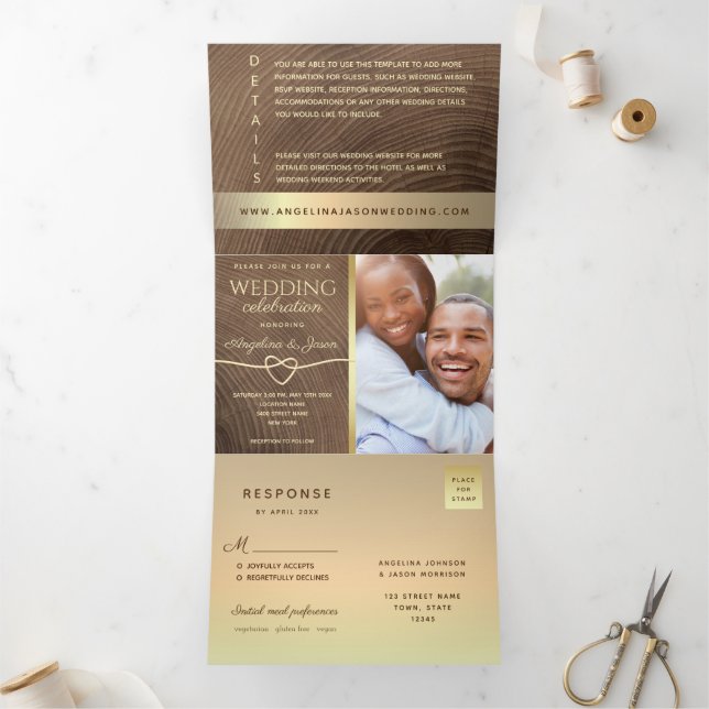 Invitación Tríptica Boda de Foto de Madera Todo en Uno (Interior)